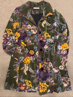 Olive Green Floral Velvet Pea Coat